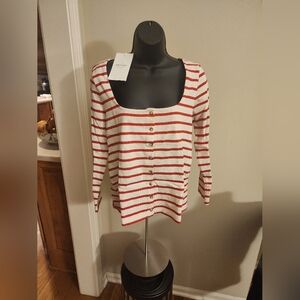 LL - Sezane Striped Red and White Button-Up Top Small